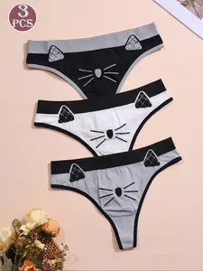 Women's Punk Style Colorblock Animal Cat Face Low Waist Thong Panties, 3 Piece Set, Multicolor Satin Underwear, Fashionable and Comfortable