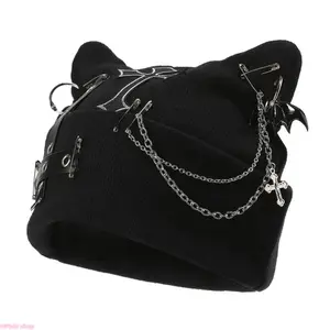 Women’s Gothic Cat Ear Beanie With Punk Chain And Bat Charm, Y2K Grunge Winter Cap, Adjustable Machine Washable Black Streetwear Accessory fathersdaygift