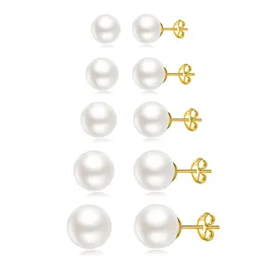5 Pairs Stud Earrings for Women 14K Plated Gold/Silver Pearl Ball Small Stud Earrings Set Cartilage Piercing Hypoallergenic Lightweight Flatback Earrings Jewelry Gifts for Women