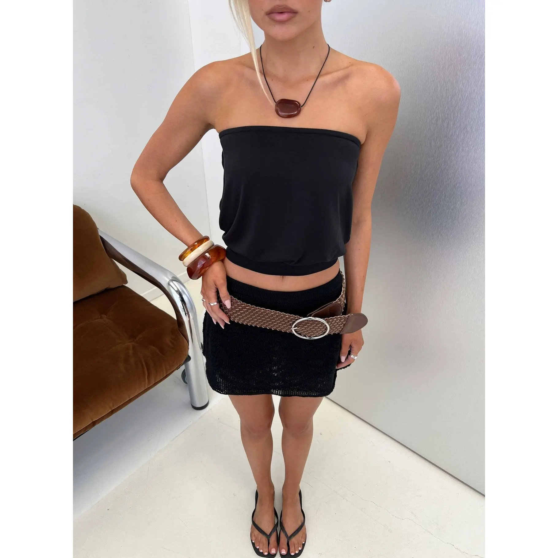 Wryn Strapless Blouson Tie Detail Top Black
