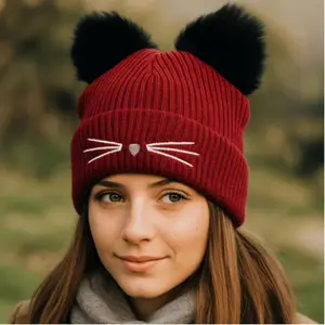 Cute solid-color knitted pullover hat, warm Korean-style cat ear beanie, cold-proof and warm hat, clothing accessory.