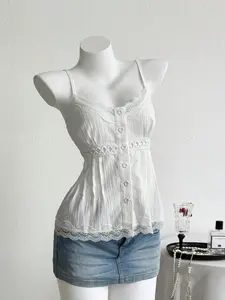 Women's Summer Lace Splicing Spaghetti Strap Hollow Out Backless Top, Loose-Fitting Sweet Style, Perfect for Casual Wear & Daily Use Womenswear