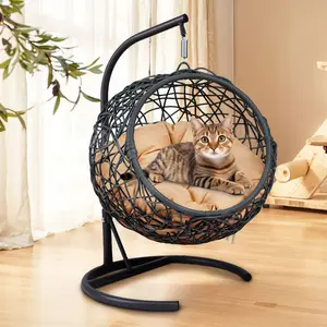 Cat Swing Bed with Stand and Cushion, Rattan Wicker Style Cat Egg Chair, Indoor Hanging Bed for Cats, Small Dogs, Small Animals, Gray
