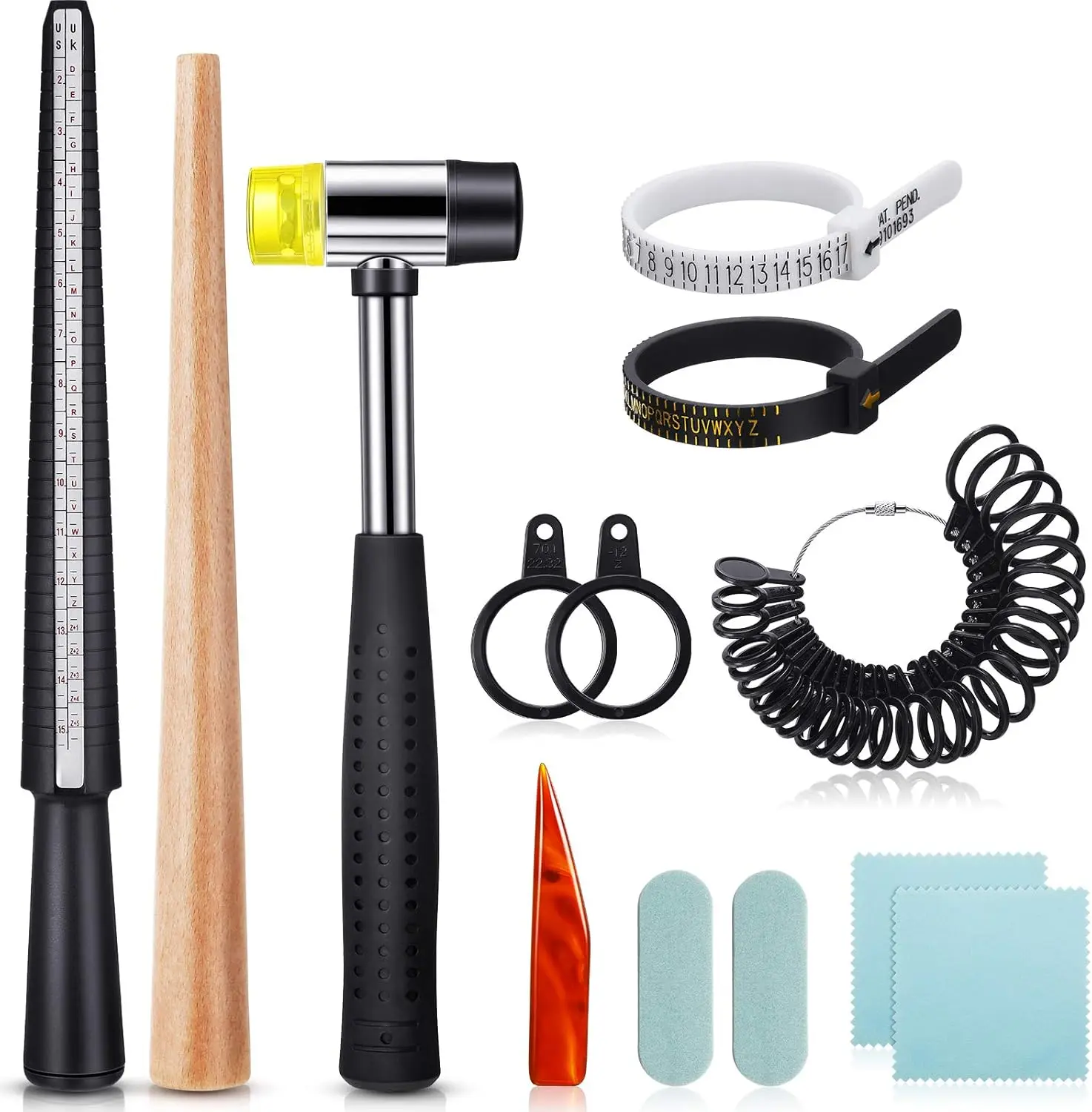 11PCS Metal Us UK Ring Mandrel Set, Size 1-13 with Half Size Ring Sizer Gauge Jewelry Mandrel Jewelry Hammer Adjuster Polishing Cloth Polishing Stick Polished Agate Knife Measuring Tool (Black)