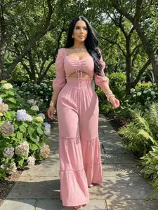 Square Neck Two-Piece Set, Drawstring Adjustable Hollow Out High Waist Wide Leg, Vacation Commute Ready, French Chic Spring Summer Essential