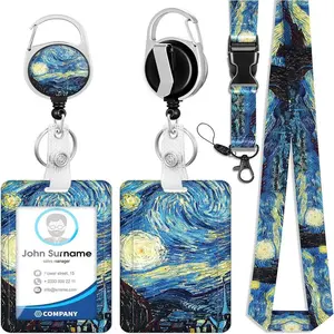 Starry Night Pattern ID Badge Holder, 1 Count Retractable Badge Reel with Personalized Lanyard, Identification Badges & Supplies for Office School