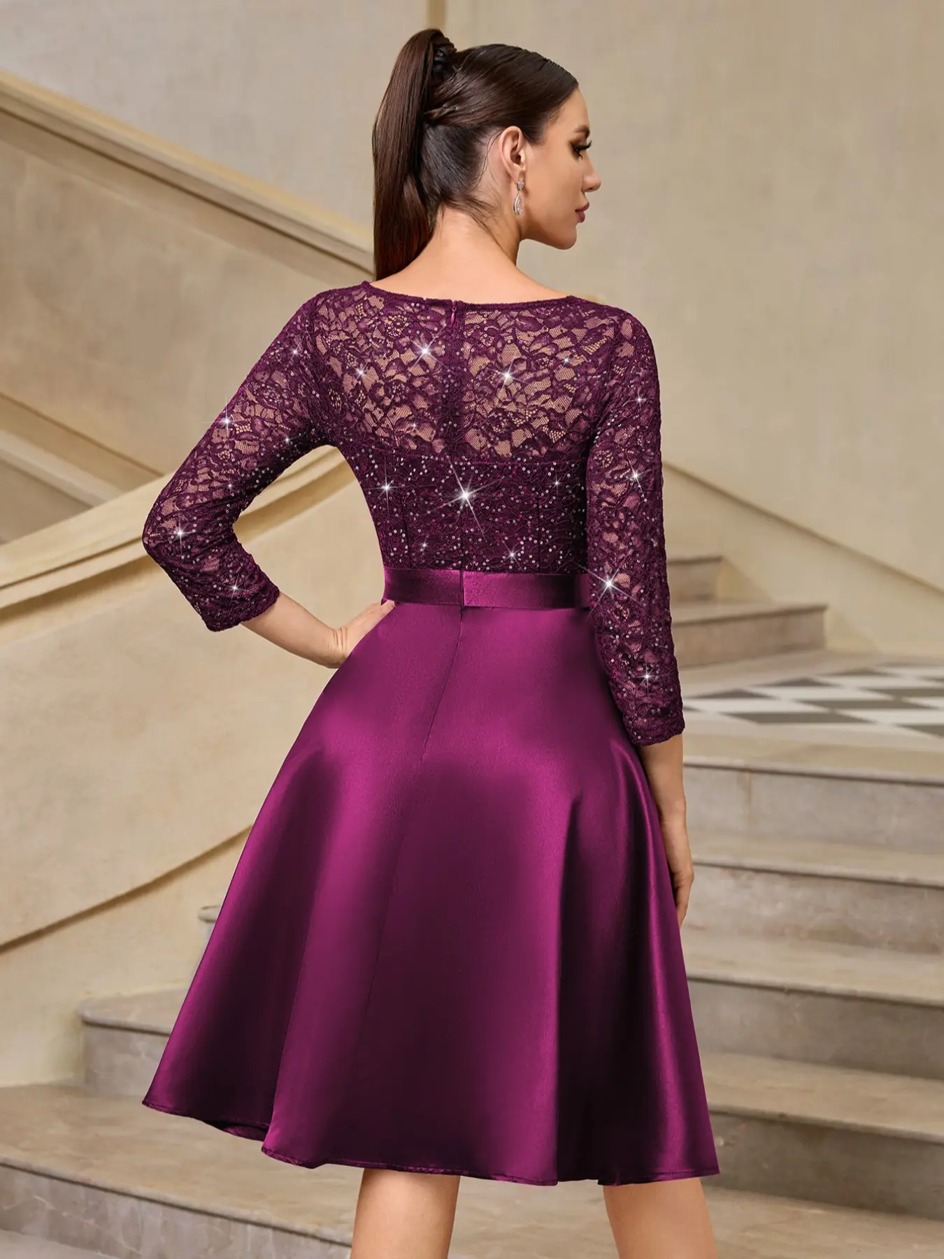 sequined lace contrast dress Women's Elegant Sequined Lace V-neck 3/4 Sleeve Lace Contrast Chiffon Party  Midi Dress