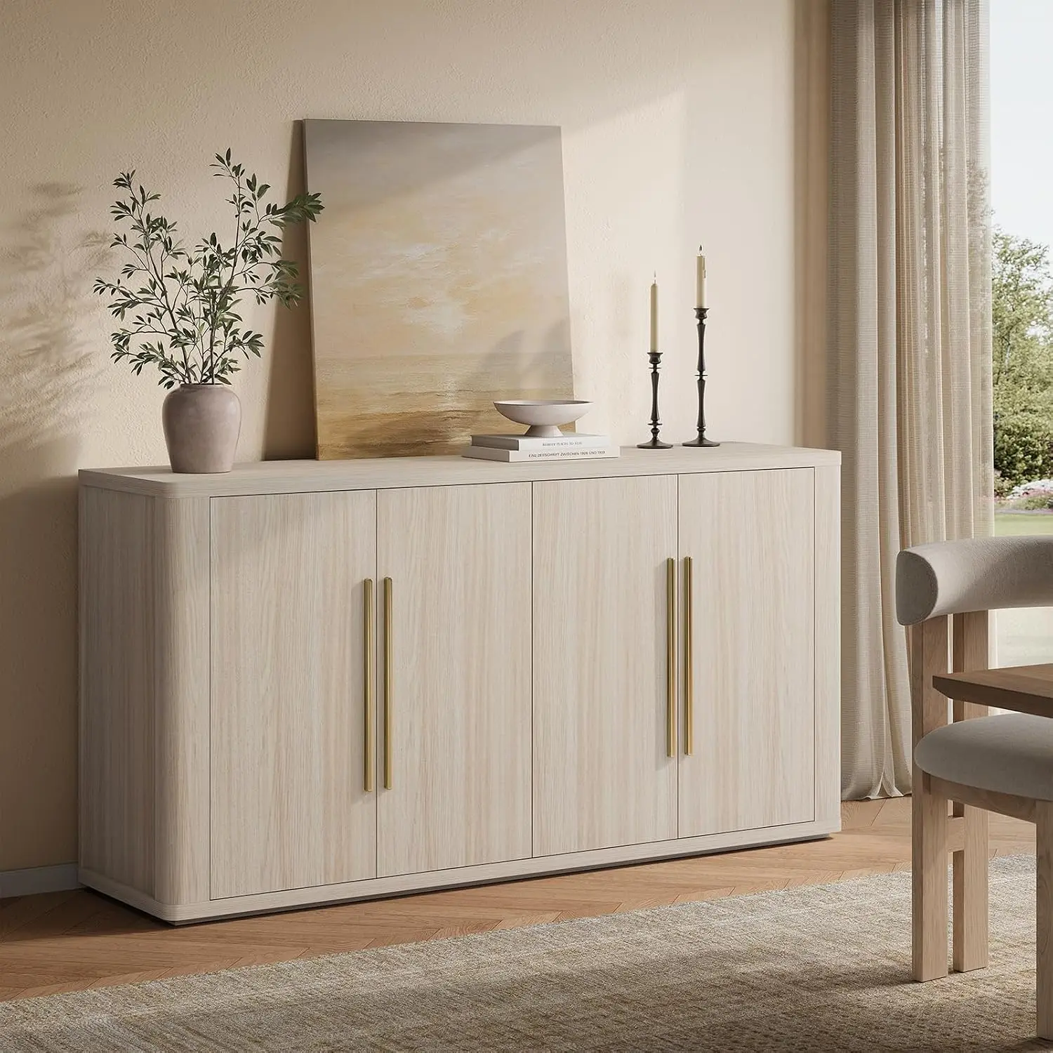 ModernMate 60" Sideboard Buffet Cabinet with Storage, Accent Credenza with Adjustable Shelves & Cord Management, Modern Wood Coffee Bar, Media Console for Dining Living Room, Beige Oak