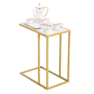 White Marble C-Side Table, for Living Room Sofa or Bedroom Nightstand, Space-Saving Slim Design with Gold Metal Legs & Easy-Clean MDF Top