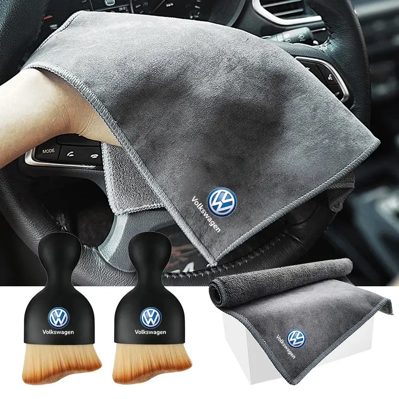 Car Interior Cleaning Tool Soft Brush+Suede Fleece Microfiber Wash Towel Cloth For Volkswagen VW R-line GTI R Polo Golf Passat Magotan Tiguan Jetta Car Detailing Accessories