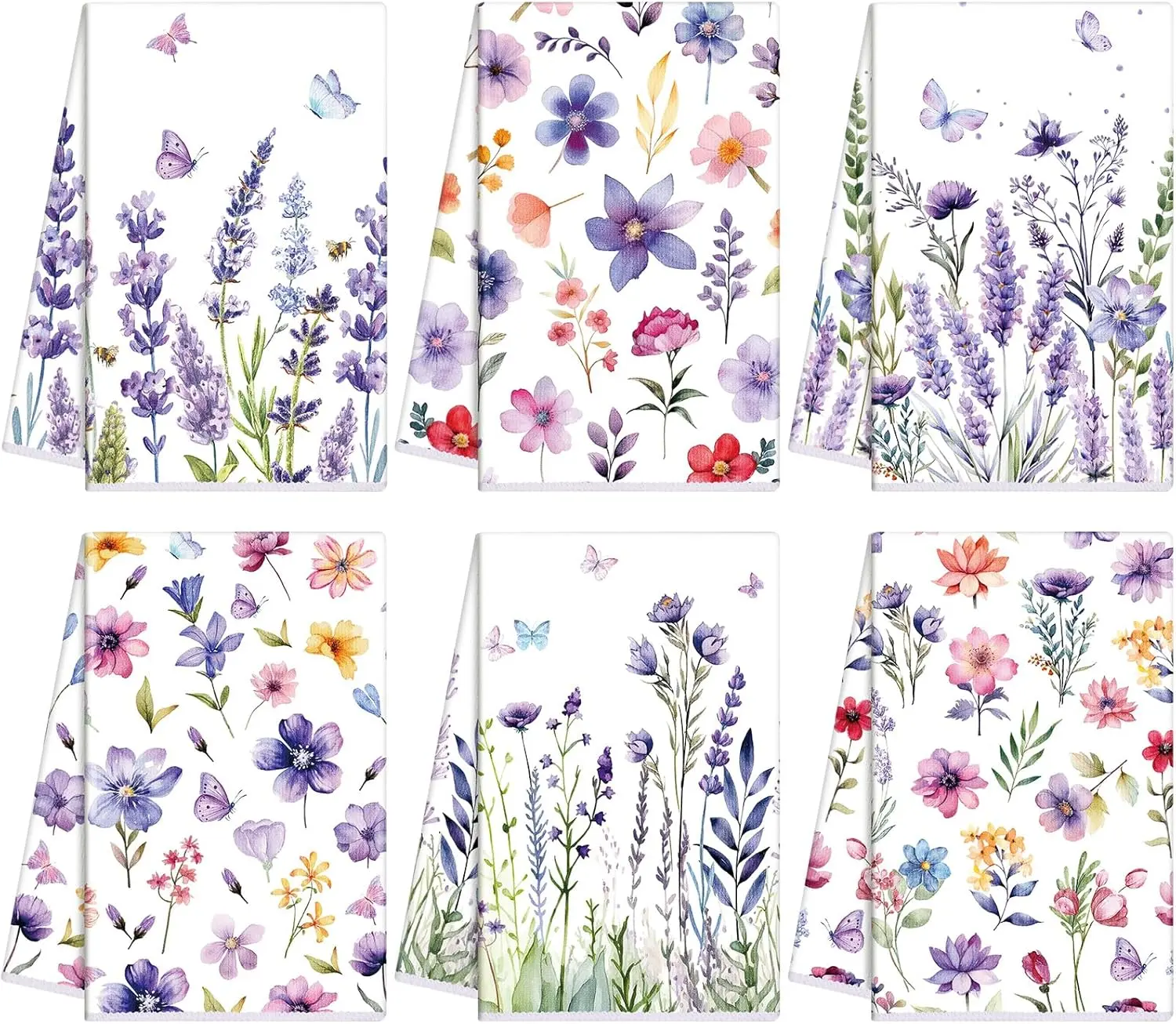 6 Pcs Purple Microfiber Kitchen Dish Towels - Spring Lavender Flower Floral Print, Quick-Dry Hand Tea Towels with Butterfly Decoration, Gift Option Including Unfolded Size Details, Microfiber Towel