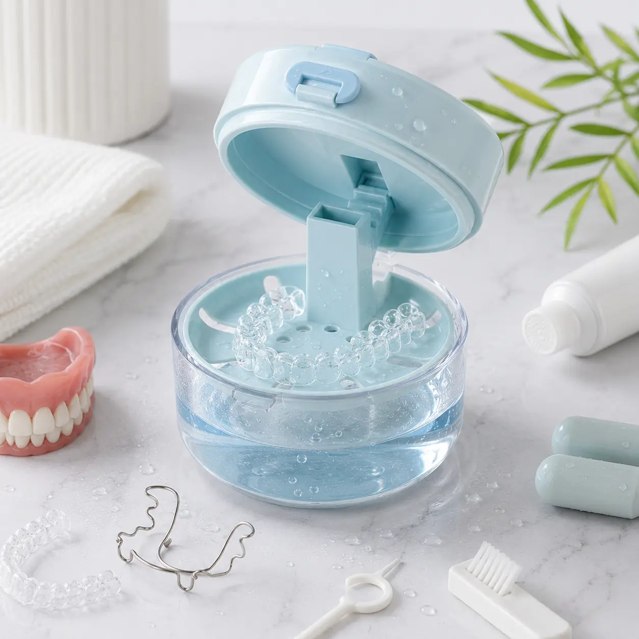 3-in-1 Portable Retainer Cleaning Denture Care Box for Storage & Washing, Fits Clear Aligners, Retainers & Dentures, Ideal for Orthodontic Patients and Denture Wearers