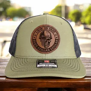 Blue Collar Skull Trucker Hat Livin On That Blue Collar Dollar Richardson 112 Leather Patch Snapback Working Class USA Patriotic Hat Gift for Men
