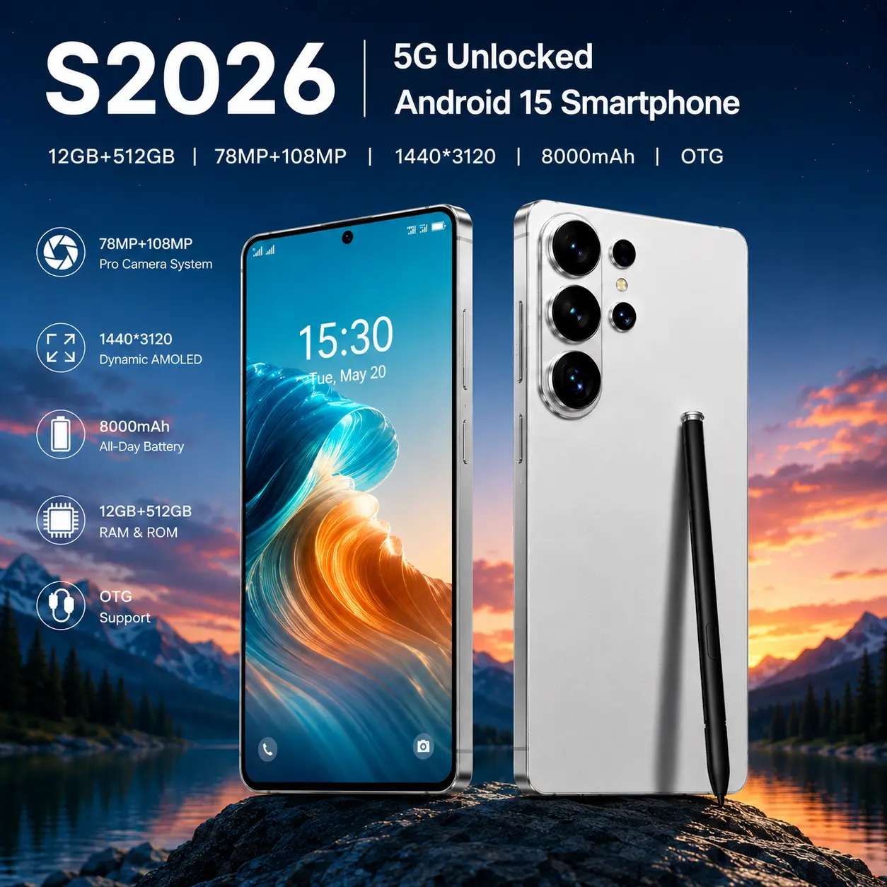 S2026 5G Unlocked Android 15 Smartphone, 12GB+512GB, 6.99" HD Display, 78MP+108MP Dual Cameras, 8000mAh Battery, Dual SIM, Built-in Stylus, Face Unlock, Included Case & Screen Protector