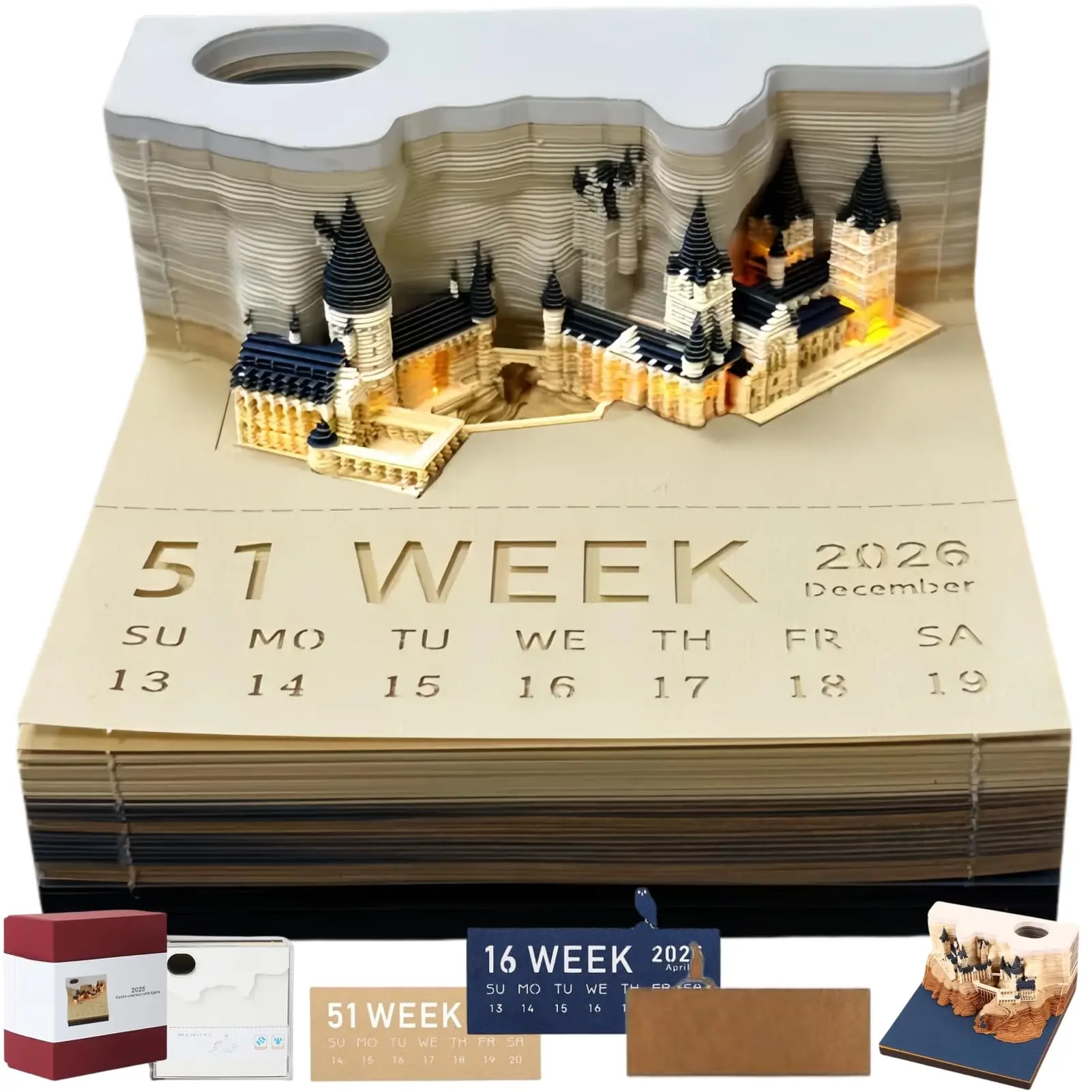 2026 3D Memo Pad Tear-Off Desk Calendar - Magic Castle DIY Carving Sticky Post Craft, 160-Page Weekly Planner for Parents, Non-Deformable Office Stationery for Friends, Thanksgiving, Children