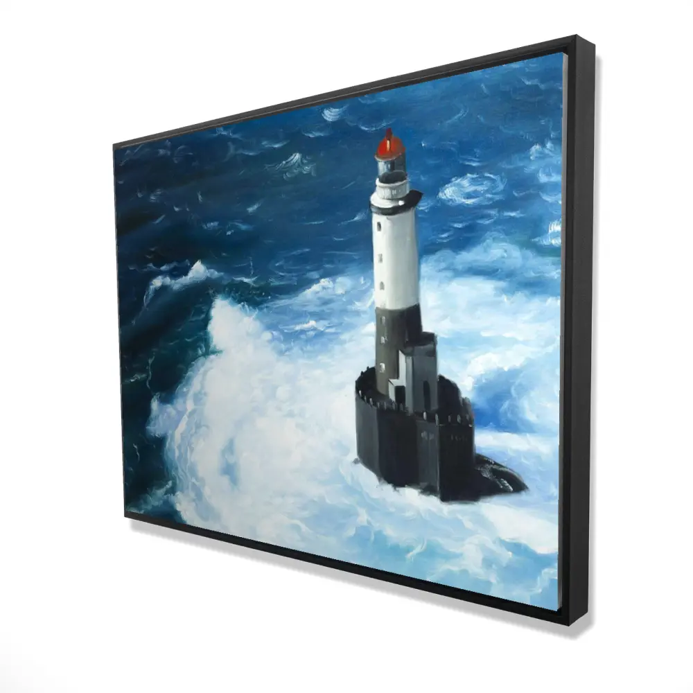 360 Stand 36x48 in. Blue Framed Wall Photo Print - Hyperrealism Nature Decor, Crashing Wave & Lighthouse Scene Artwork for Home Decoration, Bathroom Wall Art, Landscape, Home Decor Accessory, Ocean Inspired Design, Coastal Decor