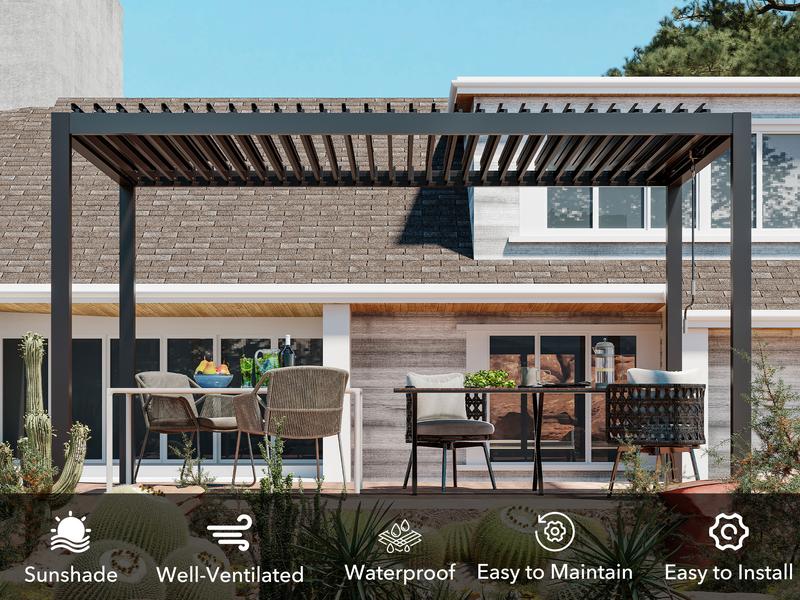 13' x 10' Aluminum Pergola with Adjustable Louvered Roof & Rainproof Drainage System Dark Grey Durable Wind-Resistant for Patio Deck & Garden Includes Waterproof Curtains & Nets