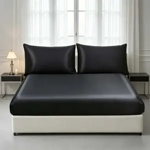 Solid Color Satin Sheet 3-Piece Set, includes 1 fitted sheet and 2 pillowcases. Suitable for all seasons, made of colorful polyester fabric.