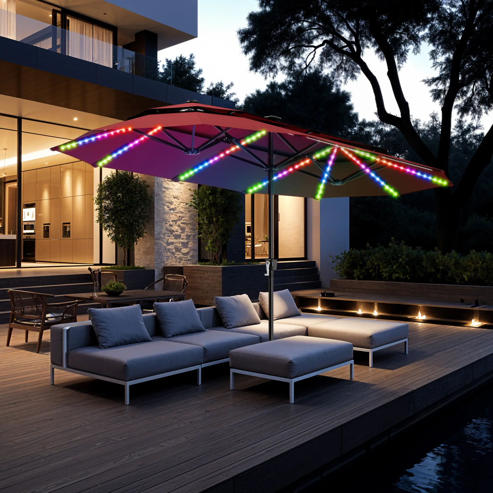 [RGB LED] PHIVILLA 13ft Double-Sided Patio Umbrella with RGB Solar LED Lights, Double Vent Top & Base – Extra Large Backyard & Pool Umbrella