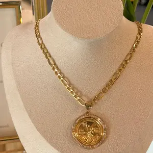 14K Gold Centenario Style Coin Pendant Necklace with Figaro Chain