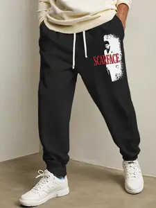 Men'S Scarface Movie Pants - Black with Red Lettering, Loose Fit Elastic Cuffs, Streetwear & Athletic Joggers for Gym, Casual Outfits