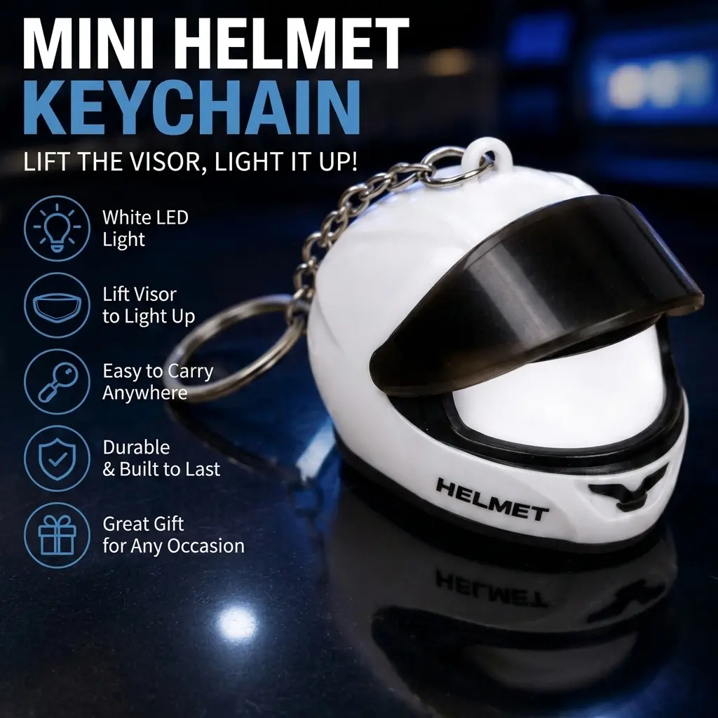 Helmet Shape Keychain with Glowing LED Light, Plastic Bag Charm for Bikers, Motorcycle Backpack Safety Alert for Night Trips, Biker, Bag Charms