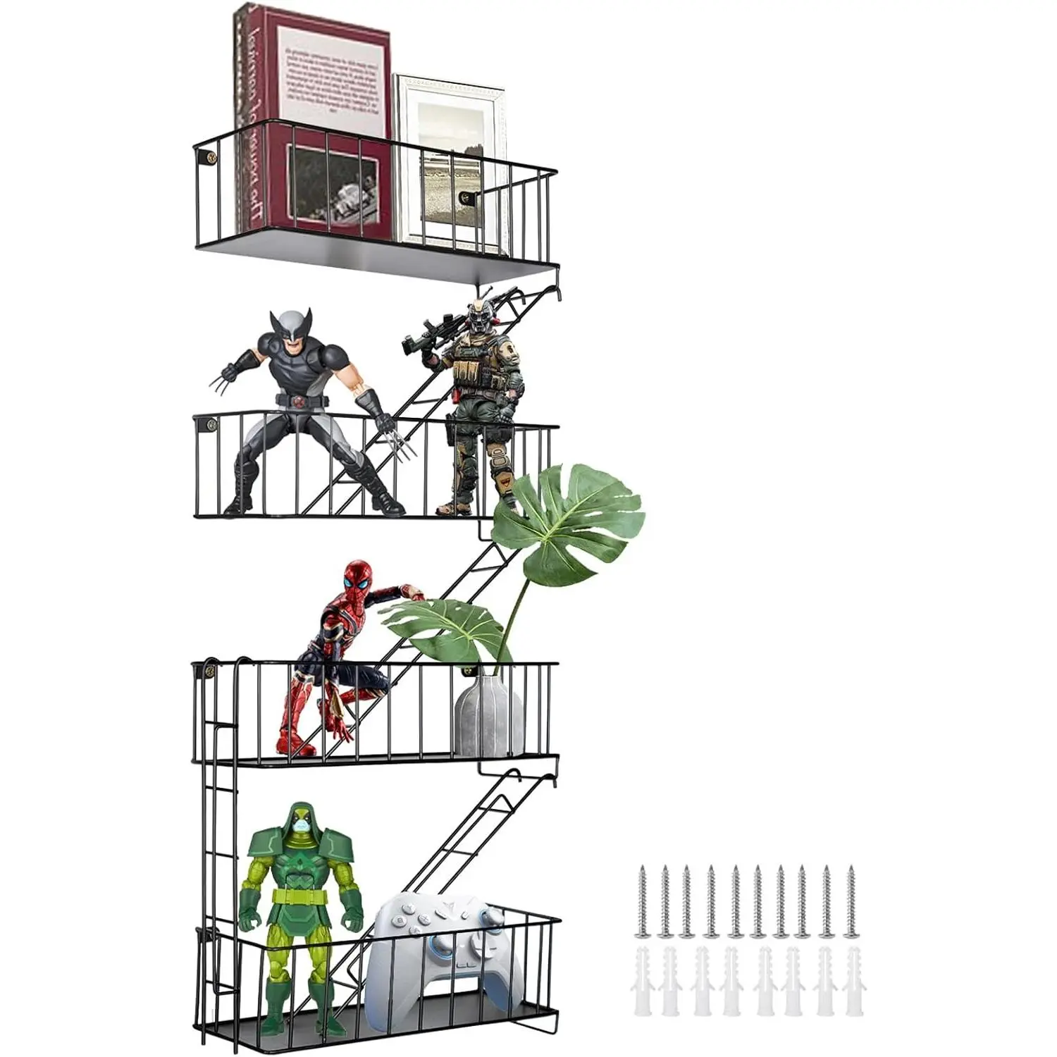 4-Tier Metal Fire Escape Wall Shelf, NYC Industrial Floating Shelves for Action Figures Black Decorative Display Ladder Shelf Wall Storage and Display