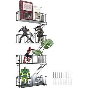 4-Tier Metal Fire Escape Wall Shelf, NYC Industrial Floating Shelves for Action Figures Black Decorative Display Ladder Shelf Wall Storage and Display