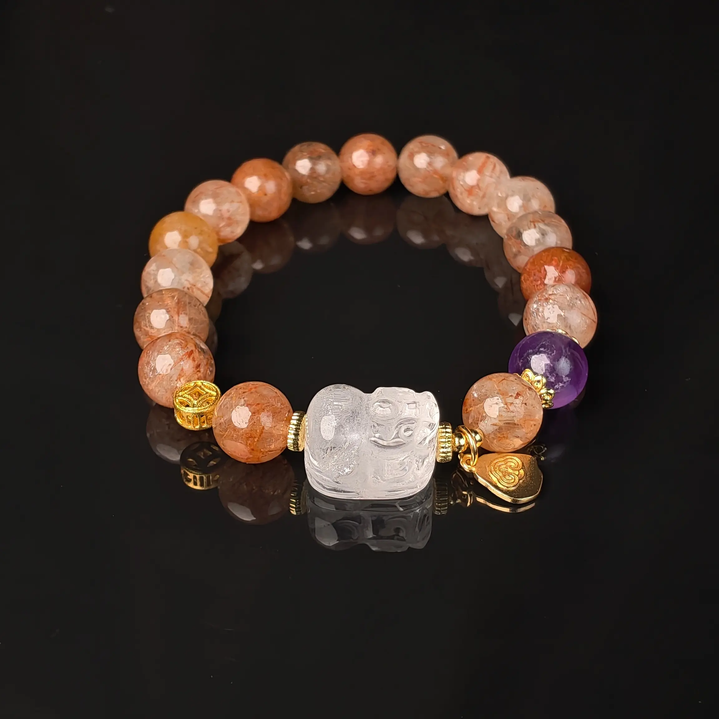 [Liuying Crystal] Female Natural Amethyst Stone-Black Gold Super 7 Crystal Charm Bangle Bracelets, Qian Manduo Style, Assorted Beads, Assorted Shipment Options