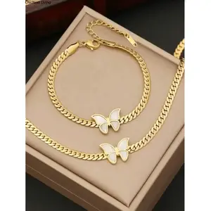 Women's 2-Piece Butterfly Stainless Steel Jewelry Set, Gold Plated Necklace & Bracelet, Elegant Fashion Gift Accessories