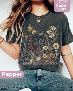 Grunge Boho Gothic Garden Shirt, Botanical Butterfly Shirt, Cottagecore Aesthetic T-Shirt, Tapestry Effect Nature Clothes, Comfort Colors