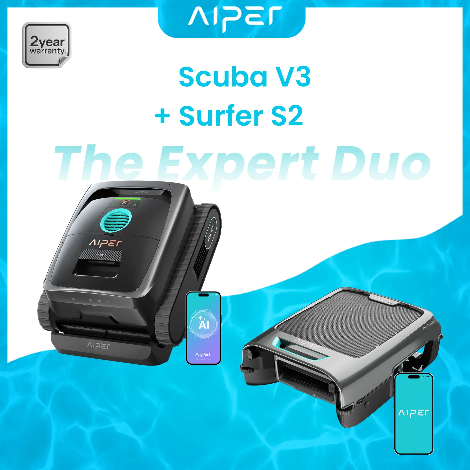 (2026 New) AIPER Experts Duo: Scuba V3 & EcoSurfer S2, 360° Top-to-Bottom Cleaning, 7 Day Hands-Free Care, 10x Faster Pool Cleaning with AI Patrol, Smart Parking & Water Quality Maintenance, Gray