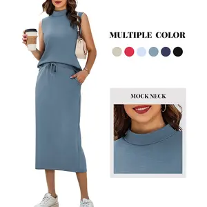 Women's 2-Piece Fitted Cut Basic Set, Sleeveless Mock Neck Top & Below-the-Knee Midi Skirt, Soft Cotton Multi-Size Summer Casual Outfit, Lounge Travel Elegant Womenswear, Multiple Colors #Springfresh,summervibes outdoorfun, Women's Clothes