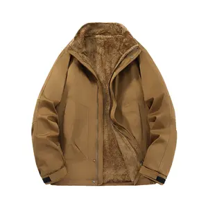 Men’s Winter Workwear Jacket with Fleece Lining — Loose Fit, Stand Collar, Windproof Softshell Jacket, Vintage Solid Color, Warm Top