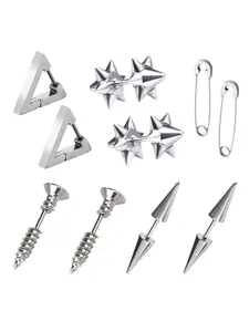 5Pair Screw Spike Clip Punk Stainless Steel Long Black Piercing Stud Earring Set for Woman Man Party Jewelry Gifts Accessories