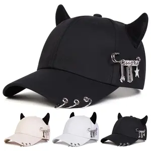 Gothic Devil Horns Baseball Cap for Men & Women | Edgy Punk Style with Metal Rings & Tool Charms - Adjustable Snapback, Perfect for Hip-Hop, Streetwear & Alternative Fashion Looks