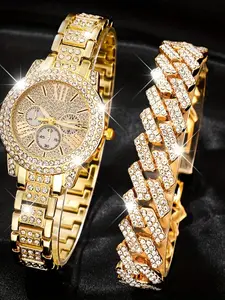 Elegant Women's Stainless Steel Set, Rhinestone Decorated Watch, Fashionable Rhinestone Dial Quartz Watches, Perfect Gift for Holidays & Daily Wear