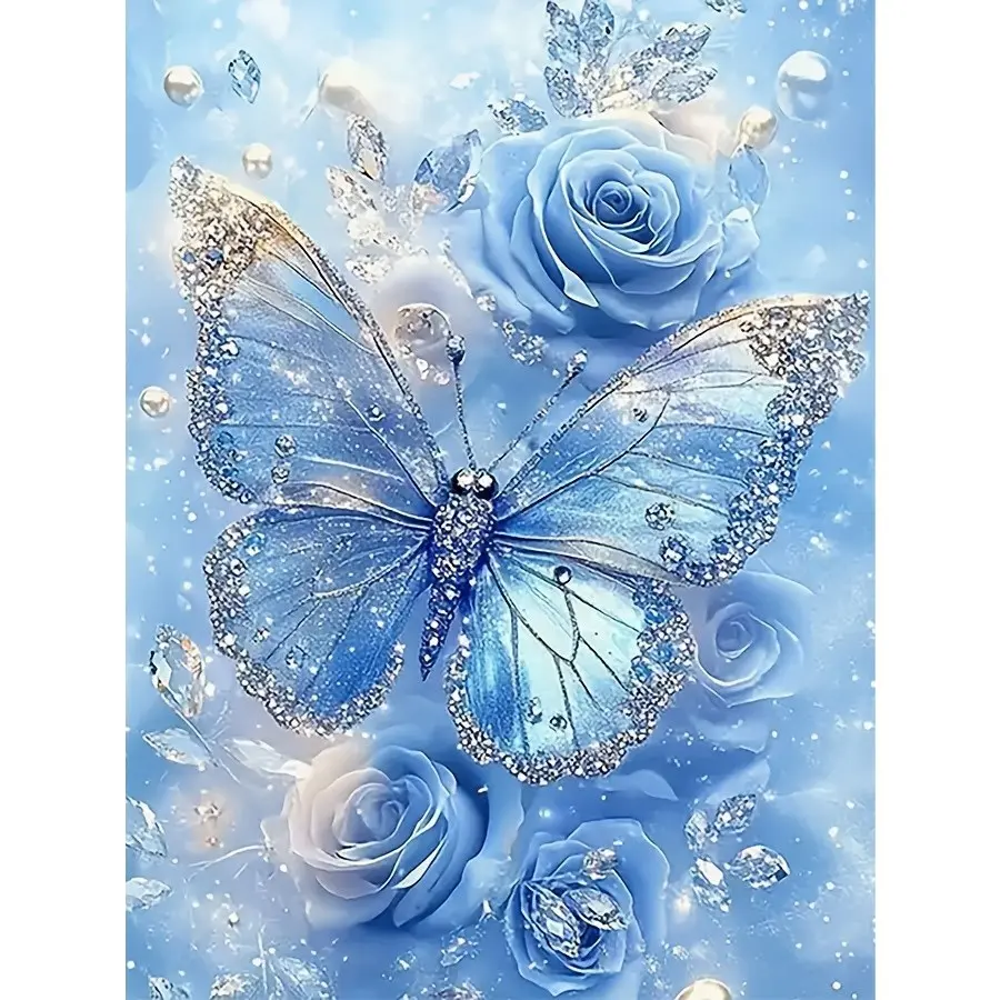 DIY 5D Diamond Painting Kit Blue Rose & Butterfly, Needle Crafts Kit, DIY Kits, DIY Experience, Full Round Drill Unframed Mosaic Art, Home Office Wall Decor, Ideal Gift for Adults Beginners, Crafts, DIY Craft Supplies