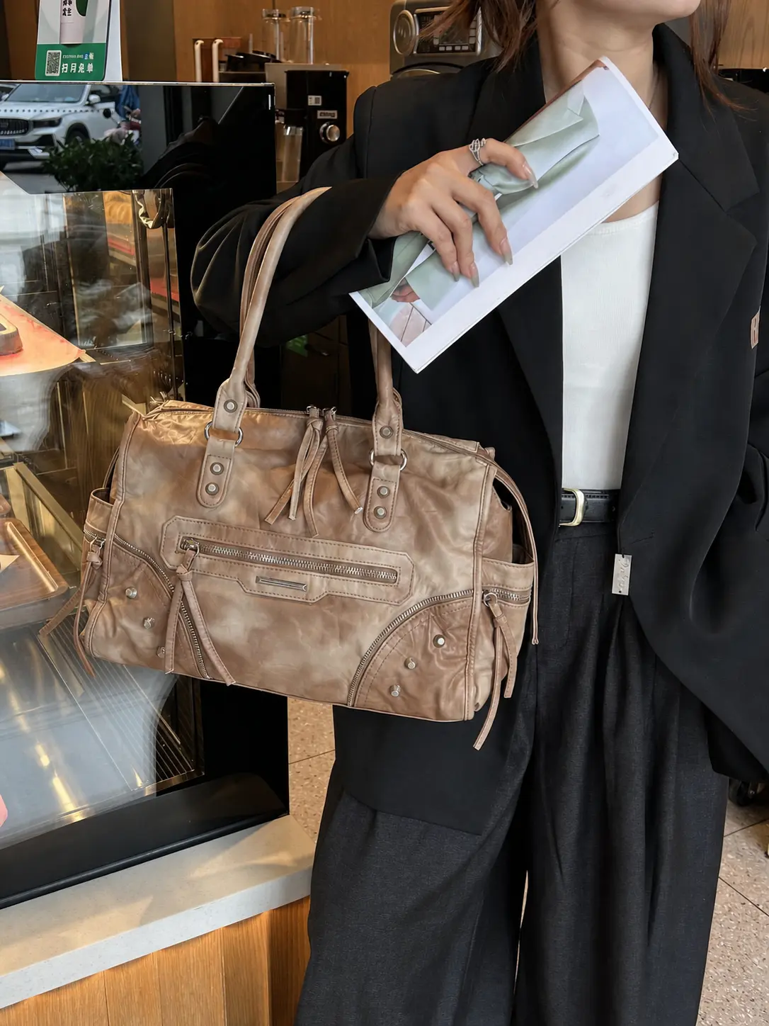 Women’s Large-Capacity Washed Faux Leather Moto Handbag, Casual Top-Handle Shoulder Bag, Stylish Everyday Carryall
