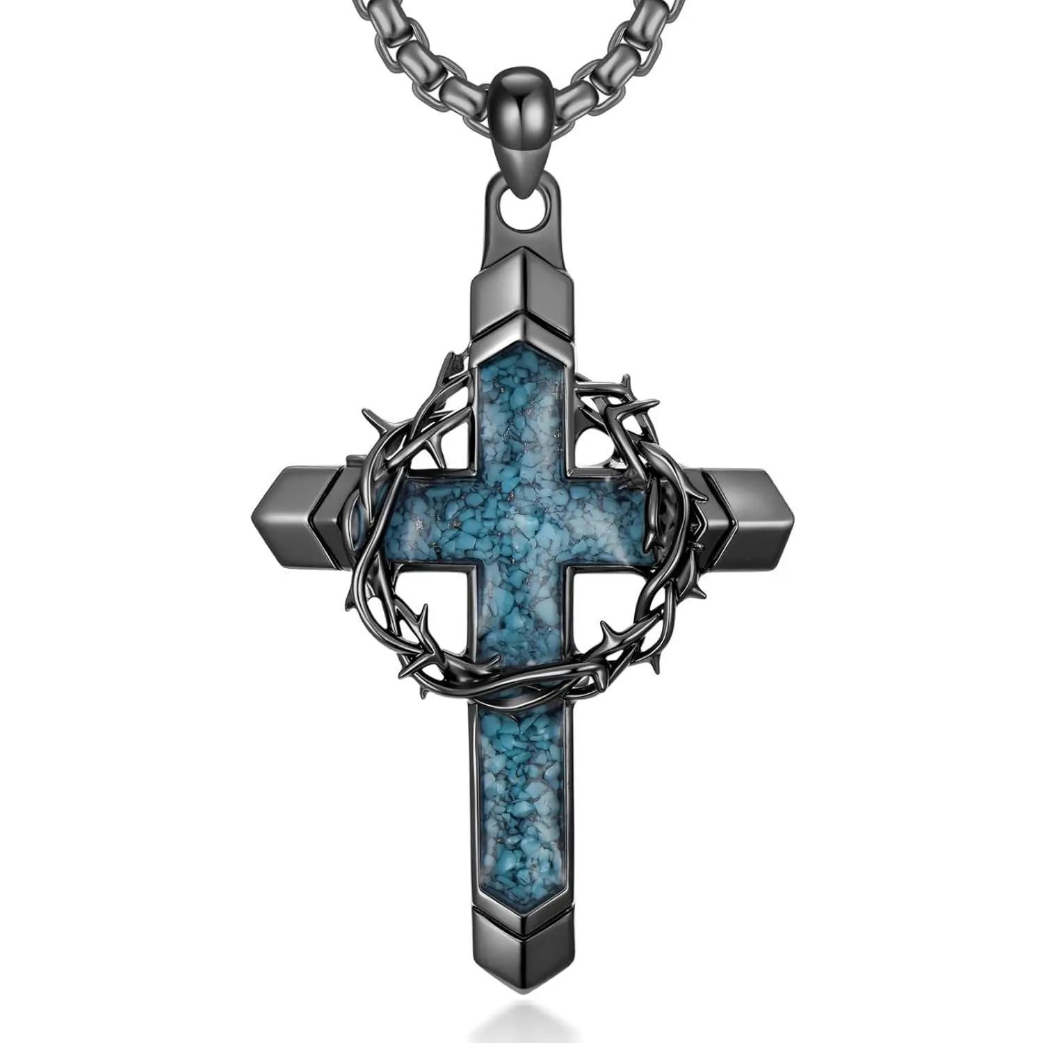 Turquoise Cross Pendant Necklace with Thorn Wreath, Black Stainless Steel Chain, Gothic Christian Cross Ornament Religious Design Necklace, Cross Ornament Necklaces, Religious Design Necklaces Exquisite Jewelry Gift