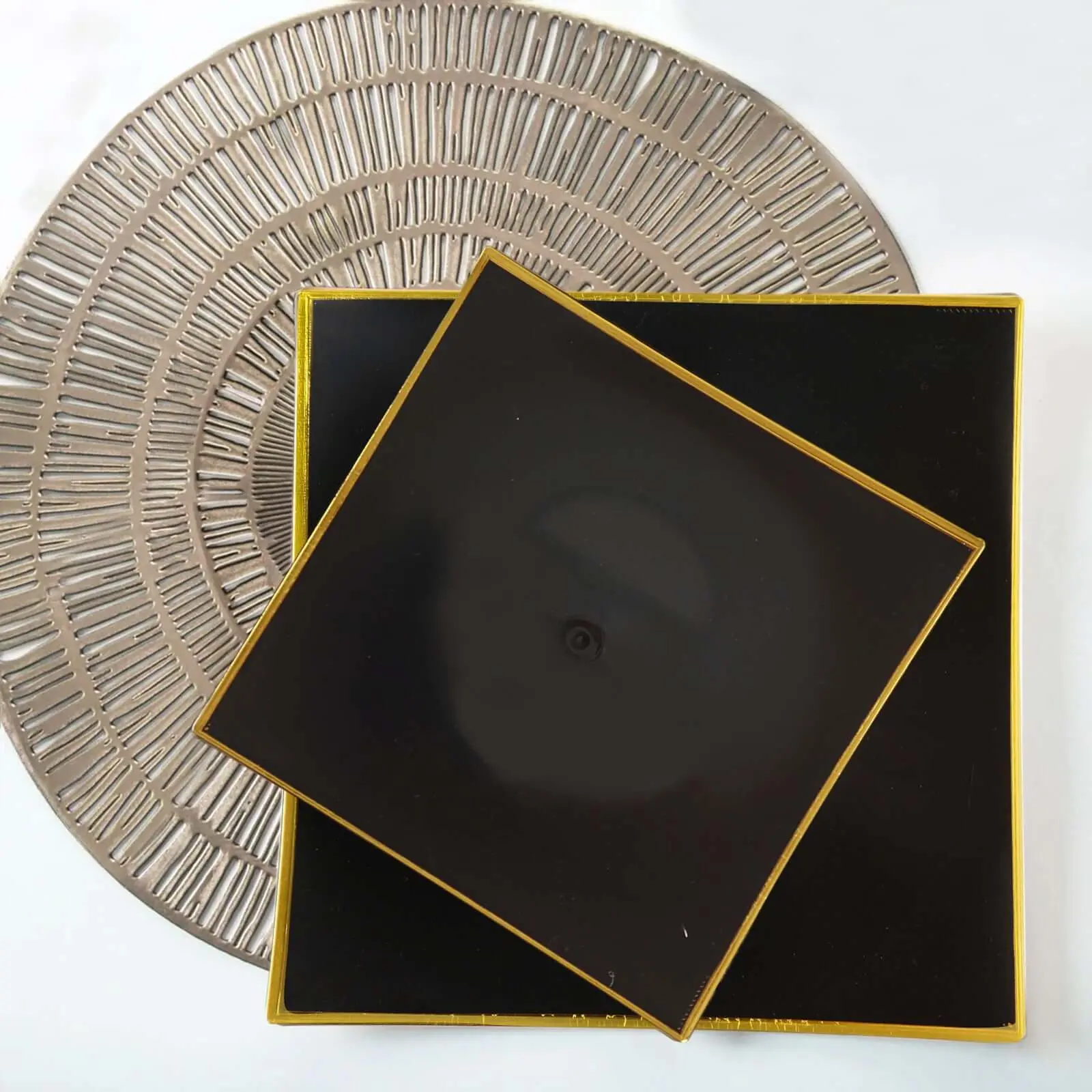 10-Pack Square Plastic Dessert Plates - 8in Black Concave with Gold Rim, Disposable Salad Serving Plates for Baby Shower, Birthday, Wedding Parties