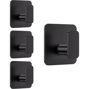 Heavy Duty Black Adhesive Hooks for Hanging, Waterproof Rustproof Sticky Hooks for Shower Bathroom Kitchen Wall, No Damage Hooks for Robe Towel Coat, 4 Pack
