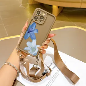 Convenient Lanyard Phone Case with Adjustable Strap and Crossbody Shoulder Strap, Blue Floral, Tpu Anti-Drop Protection for iPhone