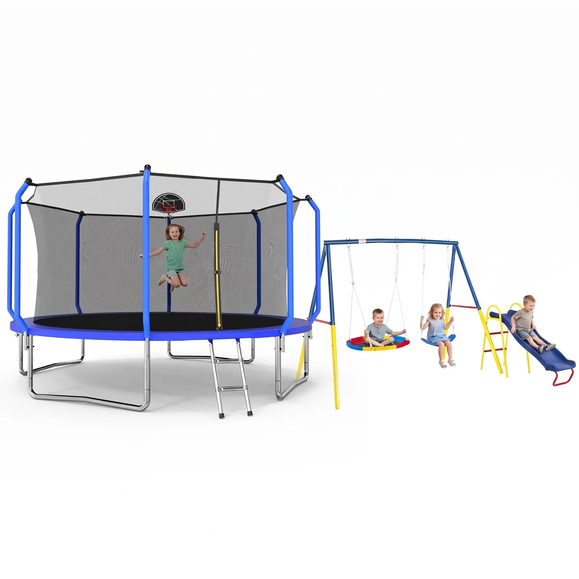Kids Play Set - Trampoline with Safety Net, Swing, and Slide - Ideal for Outdoor Fun and Exercise