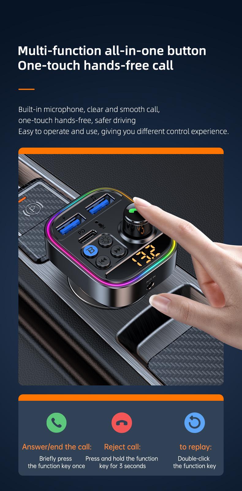 Wireless Bluetooth Car Adapter Bluetooth 5.3 FM Transmitter AUX Radio Receiver MP3 Player Handsfree Call Type-C USB  Car charger