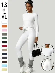 Two-Piece Set Women's Long Sleeve Top & Pants Set, Comfortable Round Neck T-Shirt & High Waist Slimming Leggings, Casual Wear for Fall & Winter