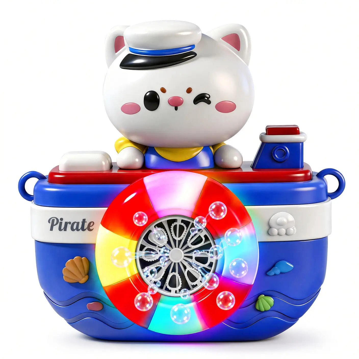 Automatic Camera Bubble Machine with LED Lights for Kids Toddlers, Sailor Cat Cruise Ship Bubble Blower Toy with Neck Strap Lanyard, Outdoor Summer Yard Beach Party Favor Gift Age 3+