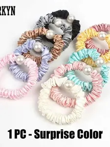 KatchMe Gift, Elegant Satin Faux Pearl Hair Tie (Surprise Color) 1 Piece, Elastic Hair Band for Women, Gentle on Hair, Hair Accessories