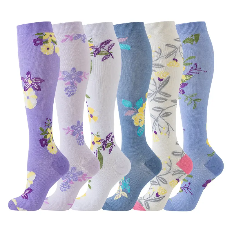 MhzyCaus 6 Pairs Floral Pattern Compression Socks Unisex, Breathable Sweat Wicking Fabric with All Day Leg Support, Soft Stretch Fit Socks for Pain Relief, Fitness Workout Work Long Standing, Durable Calf Compression Socks