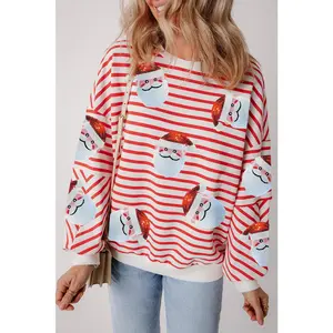 Sequin Santa Striped Round Neck Long Sleeve Sweatshirt